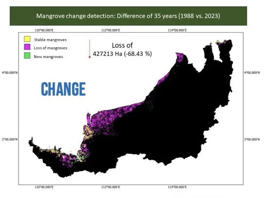 Map of Borneo showing mangrove change detection over 35 years, 1988 versus 2023